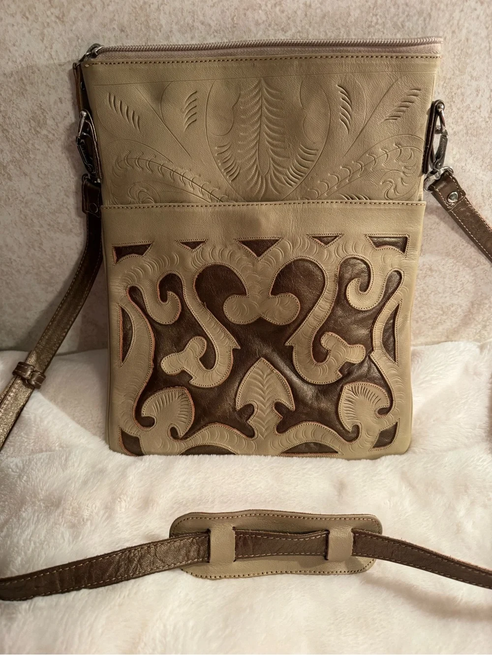 Labrado Leather in Beige and Brown - crossbody Embossed Leather Design - Picture 1 of 15